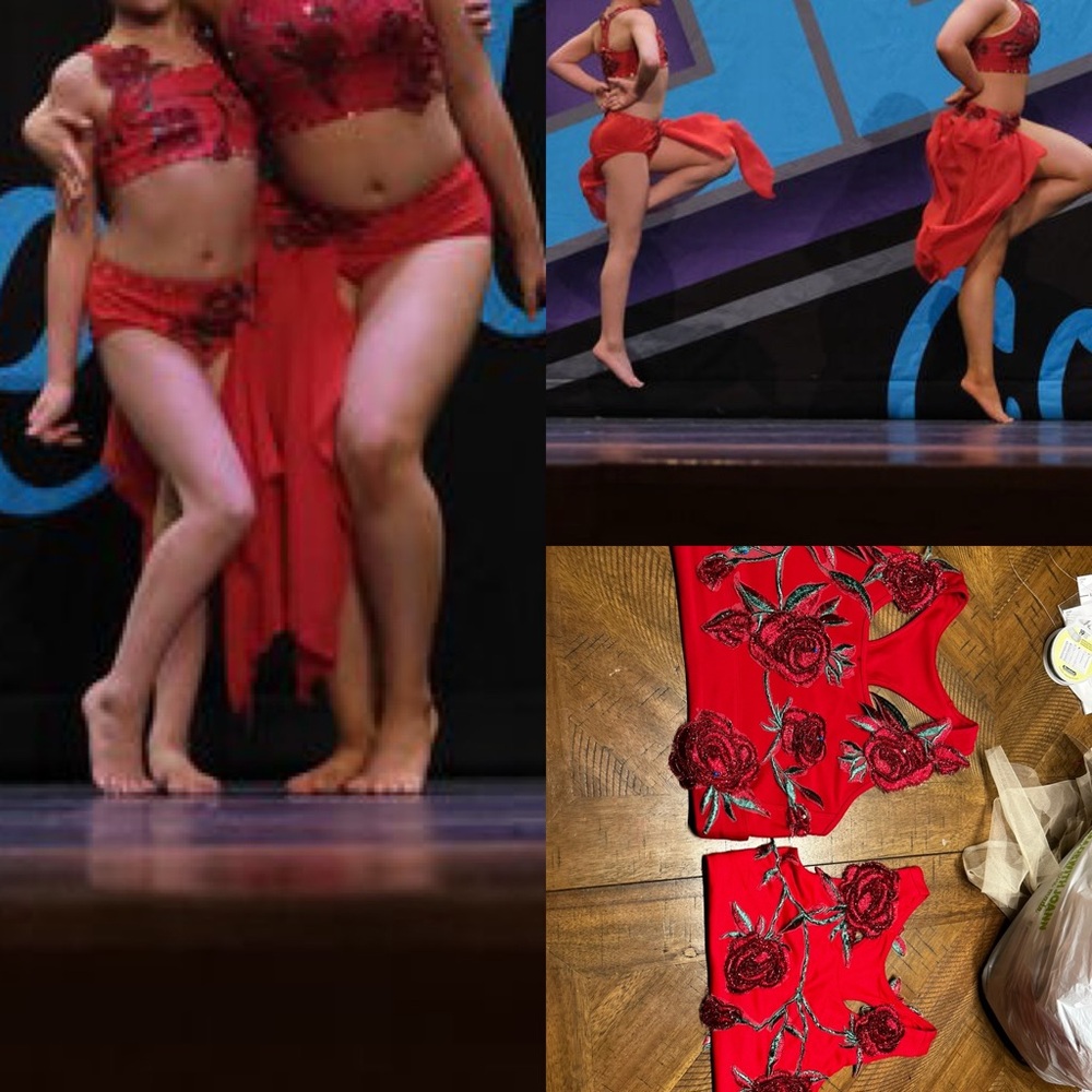 Elegant Red Floral Kids Dance Costume